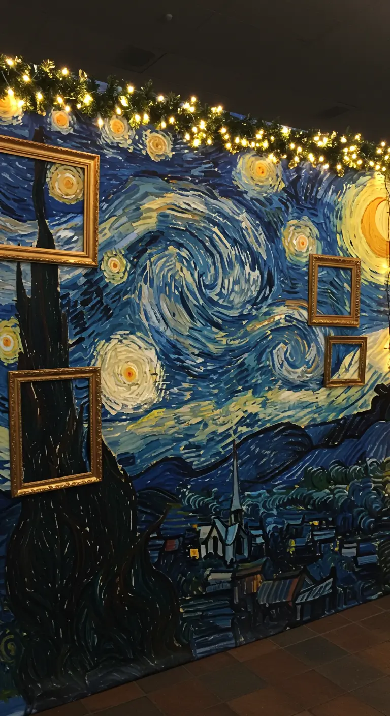 Toile de fond 'La Nuit étoilée' de Van Gogh avec des cadres dorés.