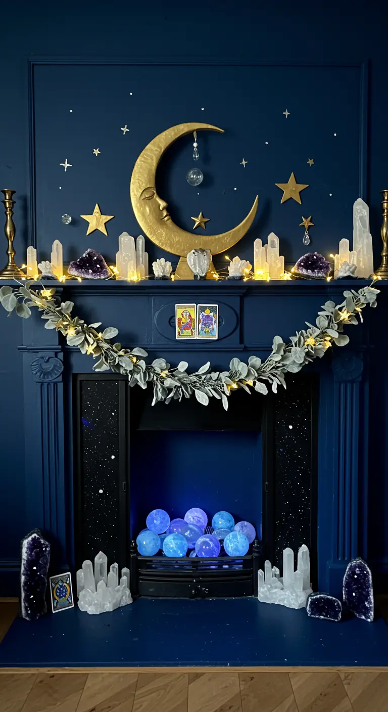 Cheminée bleu nuit décorée sur un thème céleste avec une lune, des étoiles et des cristaux.