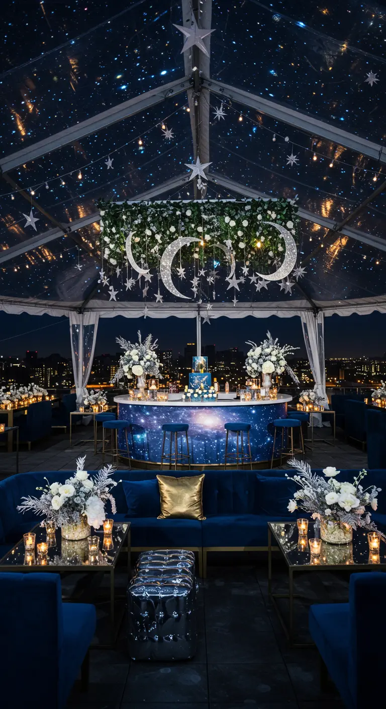 Fête sur le thème des étoiles avec un bar galaxie, des lunes suspendues et des canapés en velours bleu.
