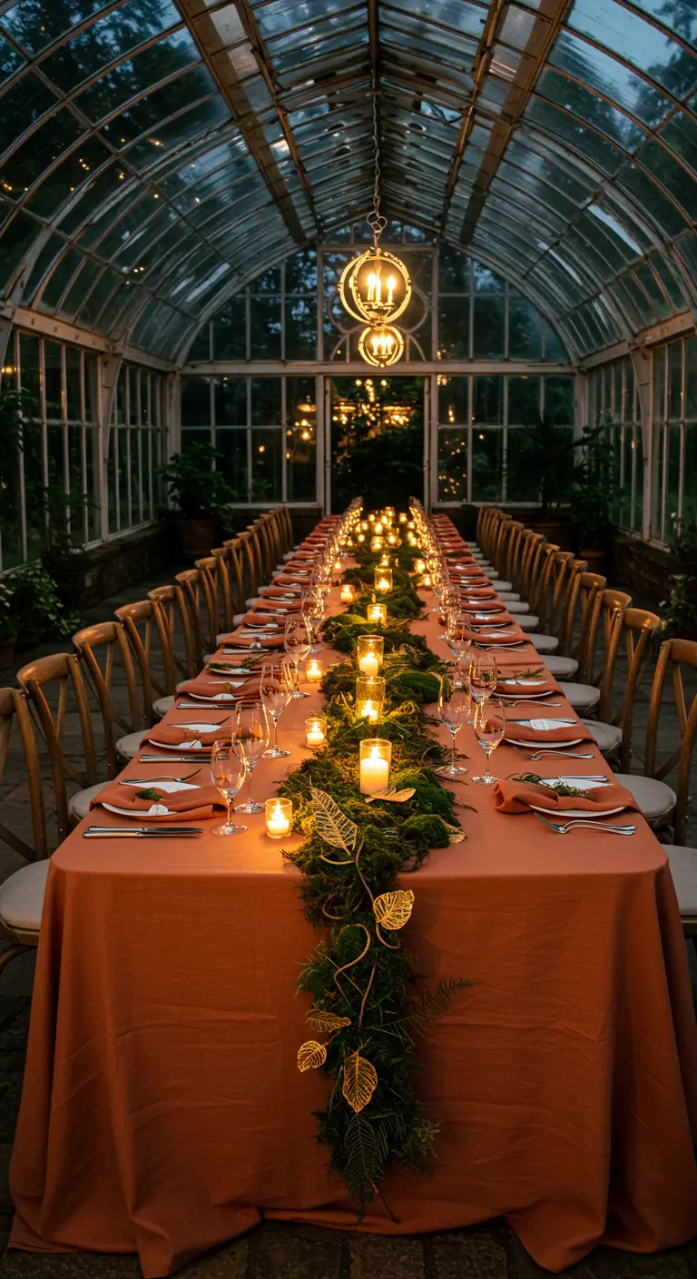 Dîner dans une serre avec une longue table, nappe terracotta et guirlandes.
