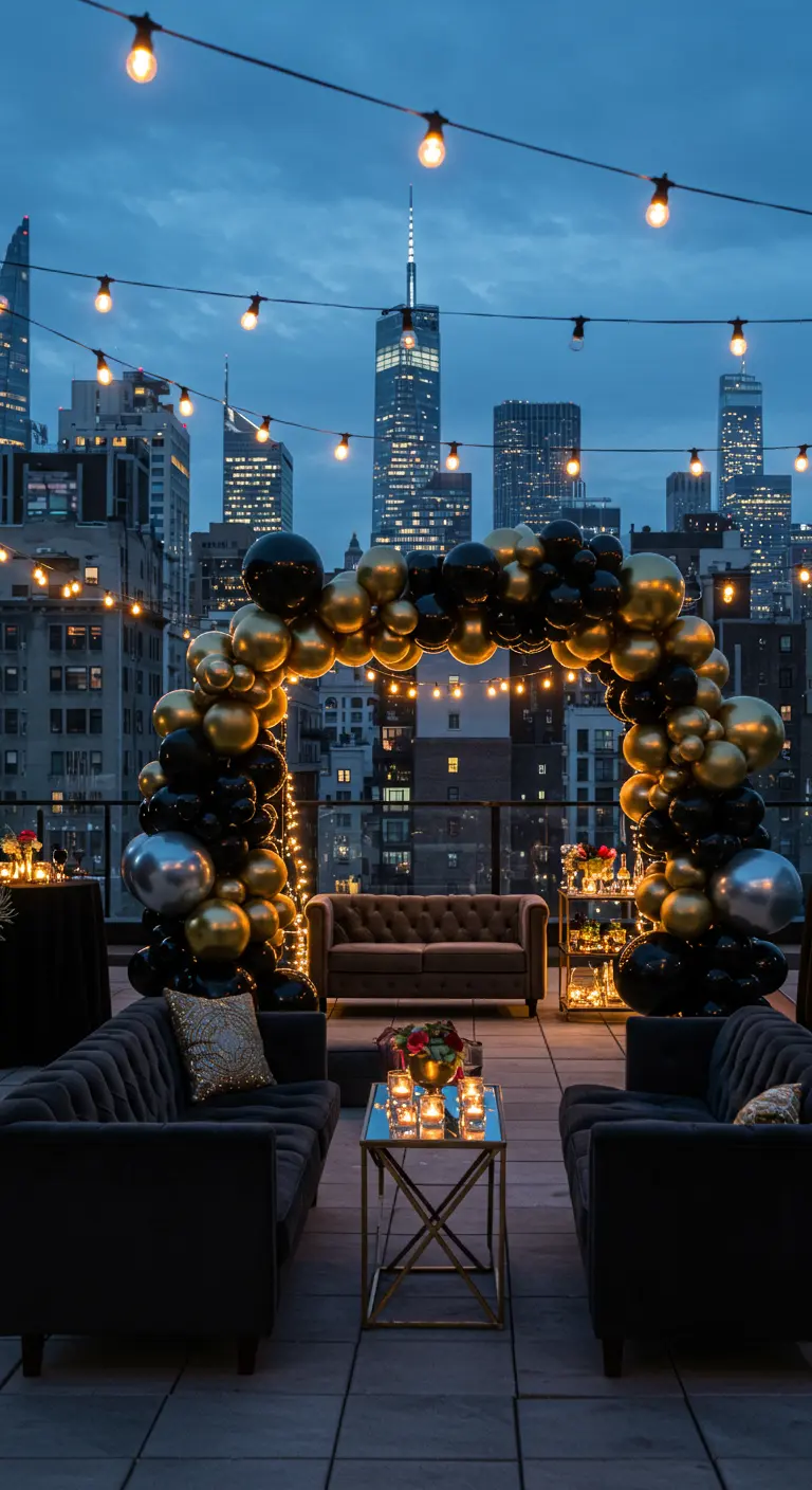 Arche de ballons noirs et or sur un rooftop la nuit, avec la ville illuminée en fond.