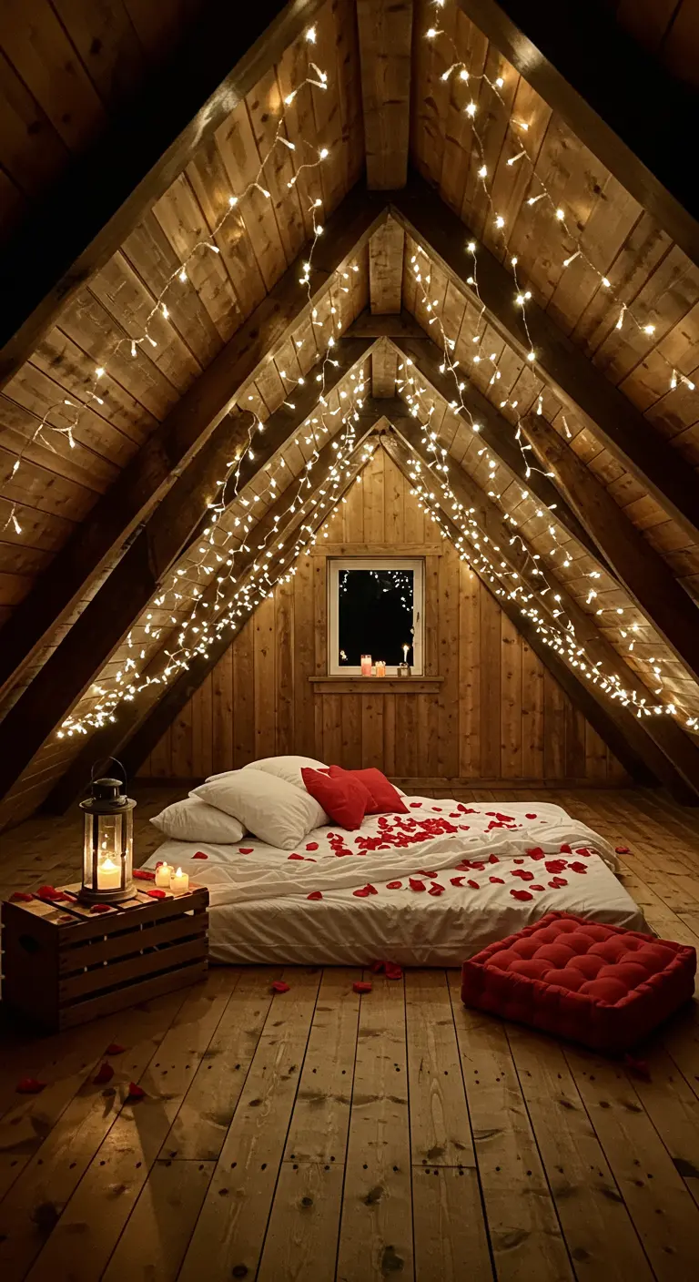 Un lit sous les combles en bois, illuminé par de multiples guirlandes lumineuses.