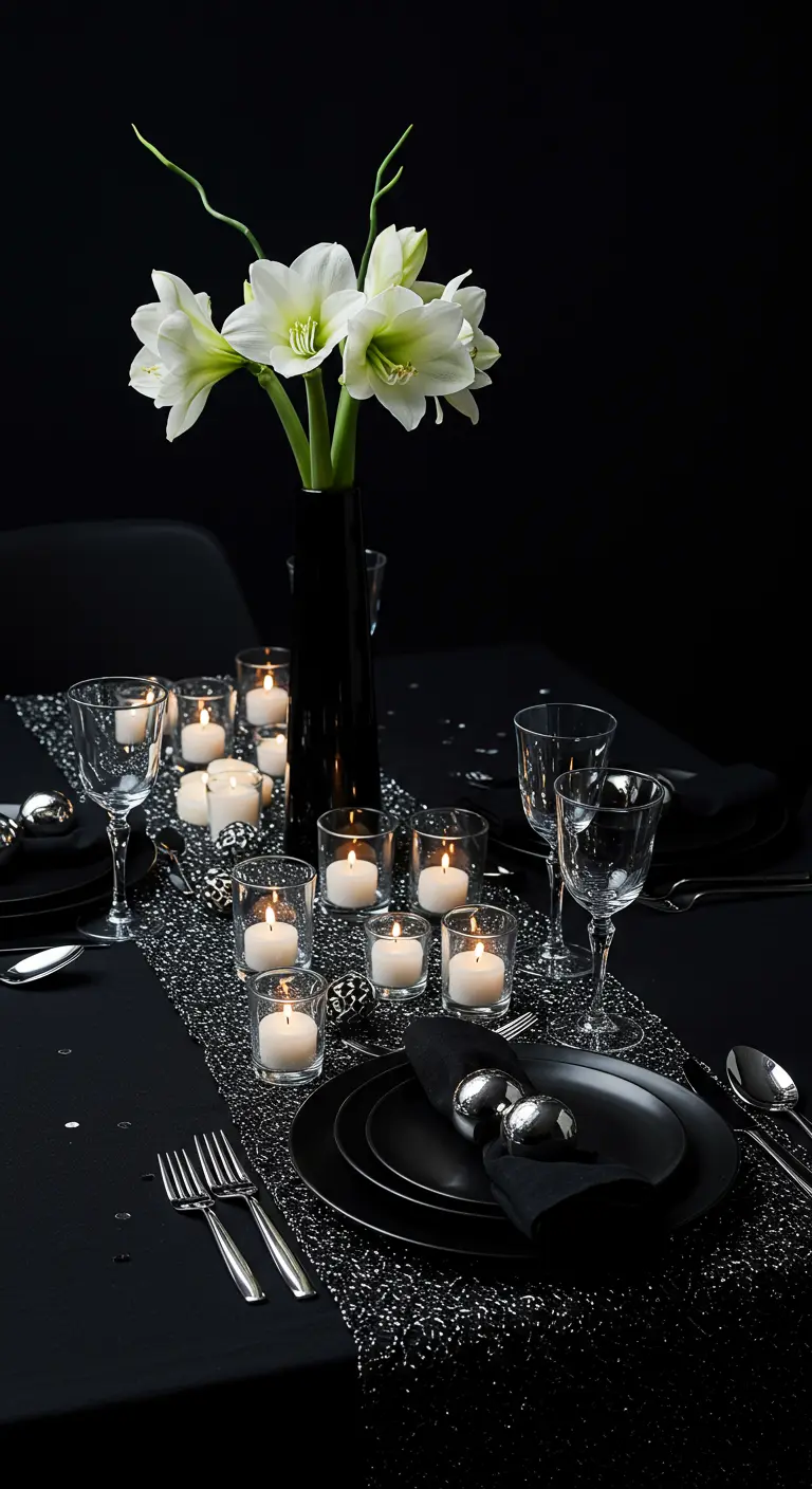 Table de fête entièrement noire avec chemin de table à paillettes noires et lys blancs.