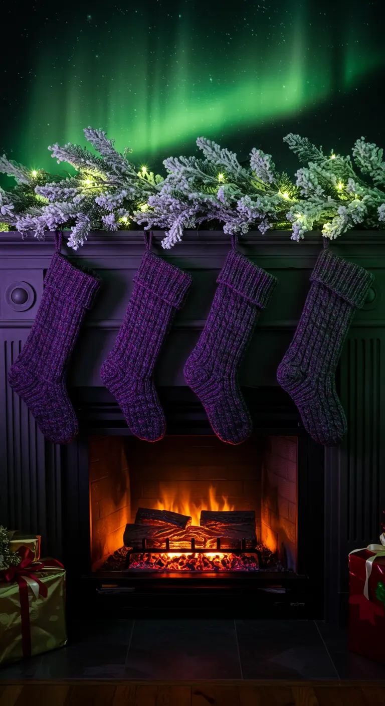 Décoration de cheminée avec chaussettes violettes sous une lumière verte d'aurore boréale.