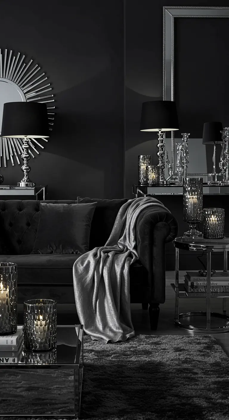 Salon monochrome noir avec canapé en velours, plaid argenté et bougies.