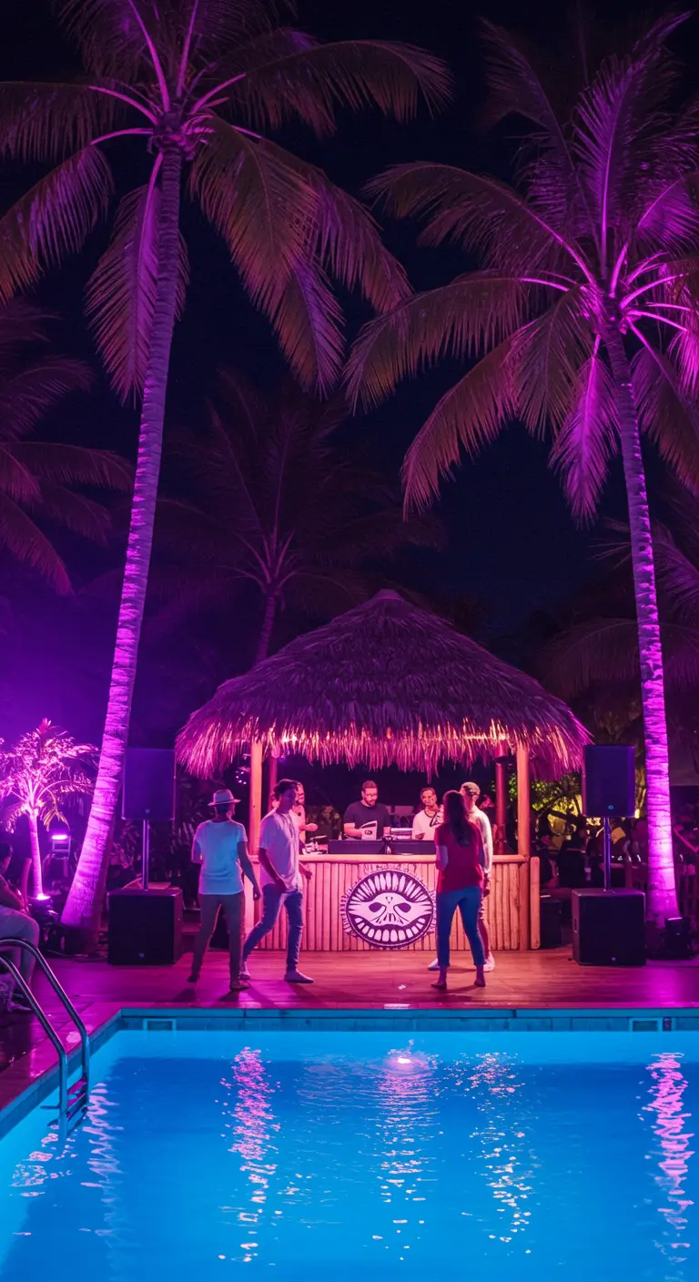Soirée au bord d'une piscine avec des palmiers illuminés en violet et un bar tiki.