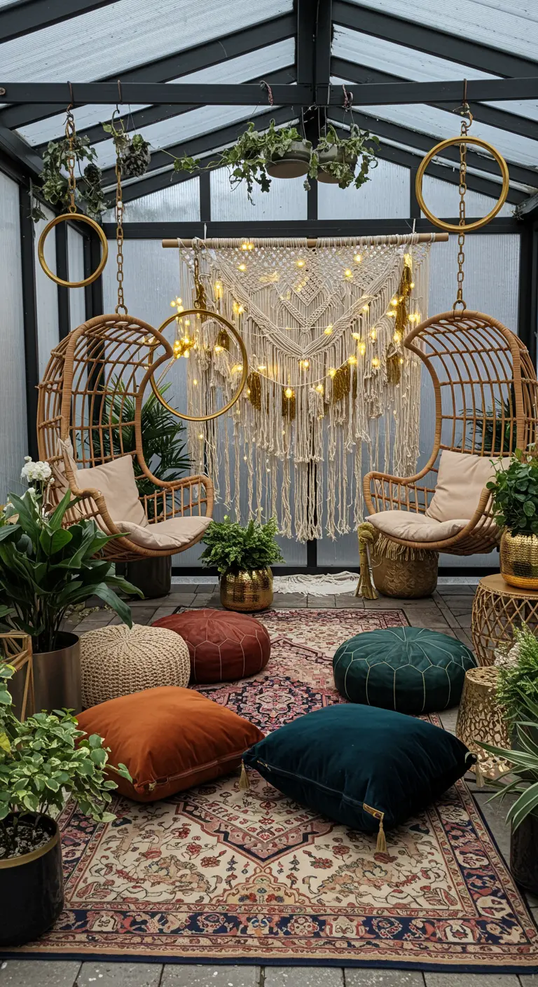 Coin photo bohème avec fauteuils suspendus, macramé et coussins au sol.