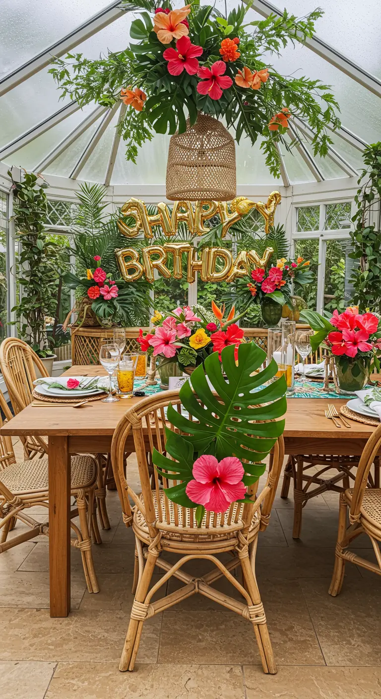 Chaise en rotin décorée d'une grande feuille de monstera et d'une fleur d'hibiscus.