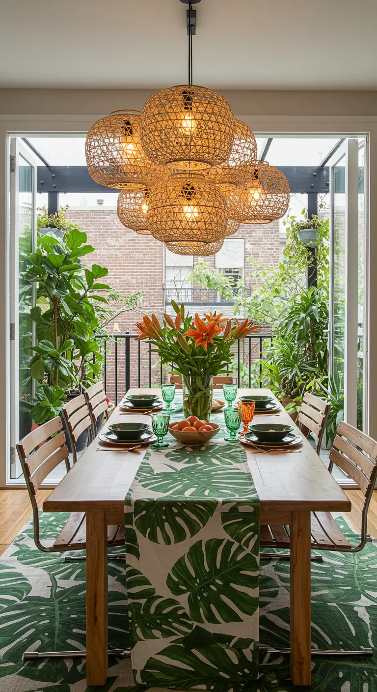 Salle à manger ouverte sur un balcon, avec tapis et chemin de table à motifs de feuilles tropicales