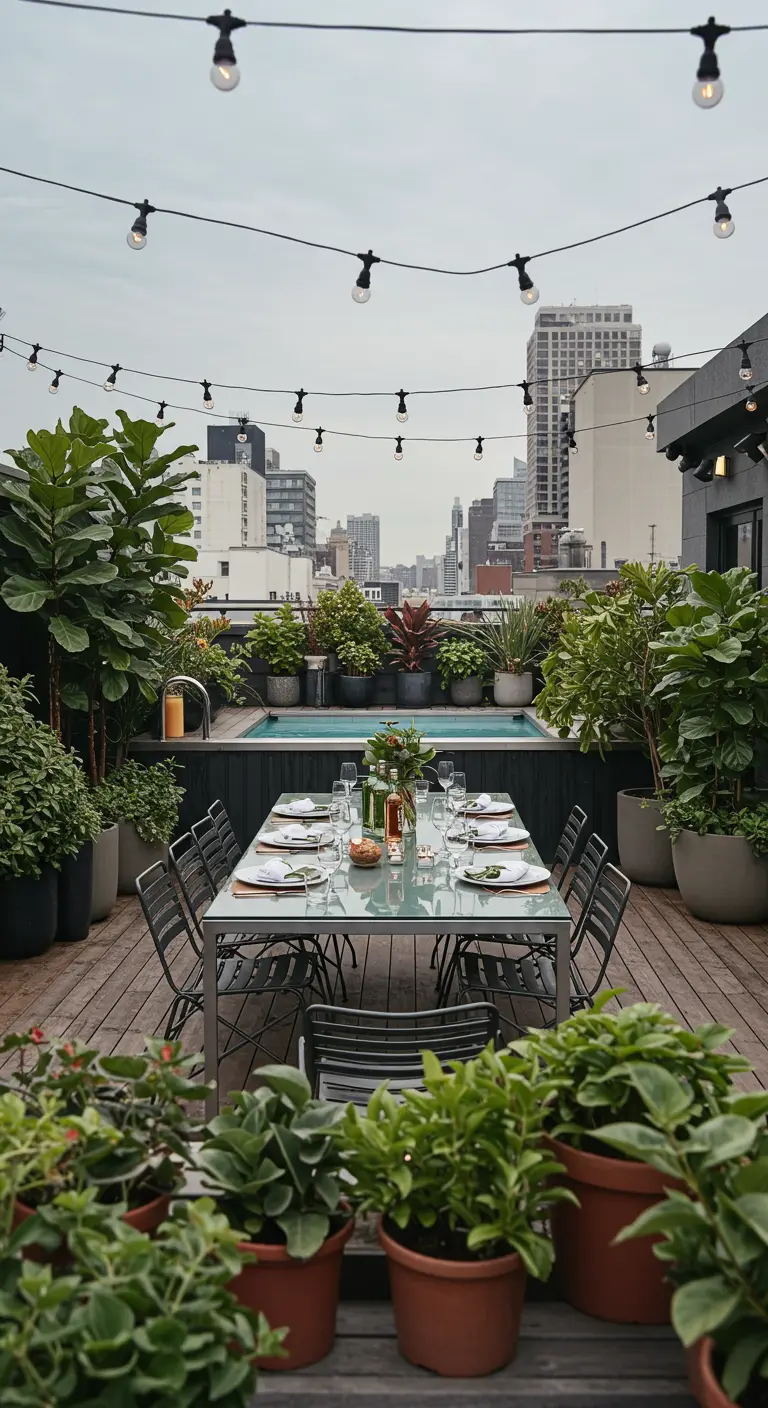 Terrasse sur un toit avec une table de dîner entourée de nombreuses plantes vertes.