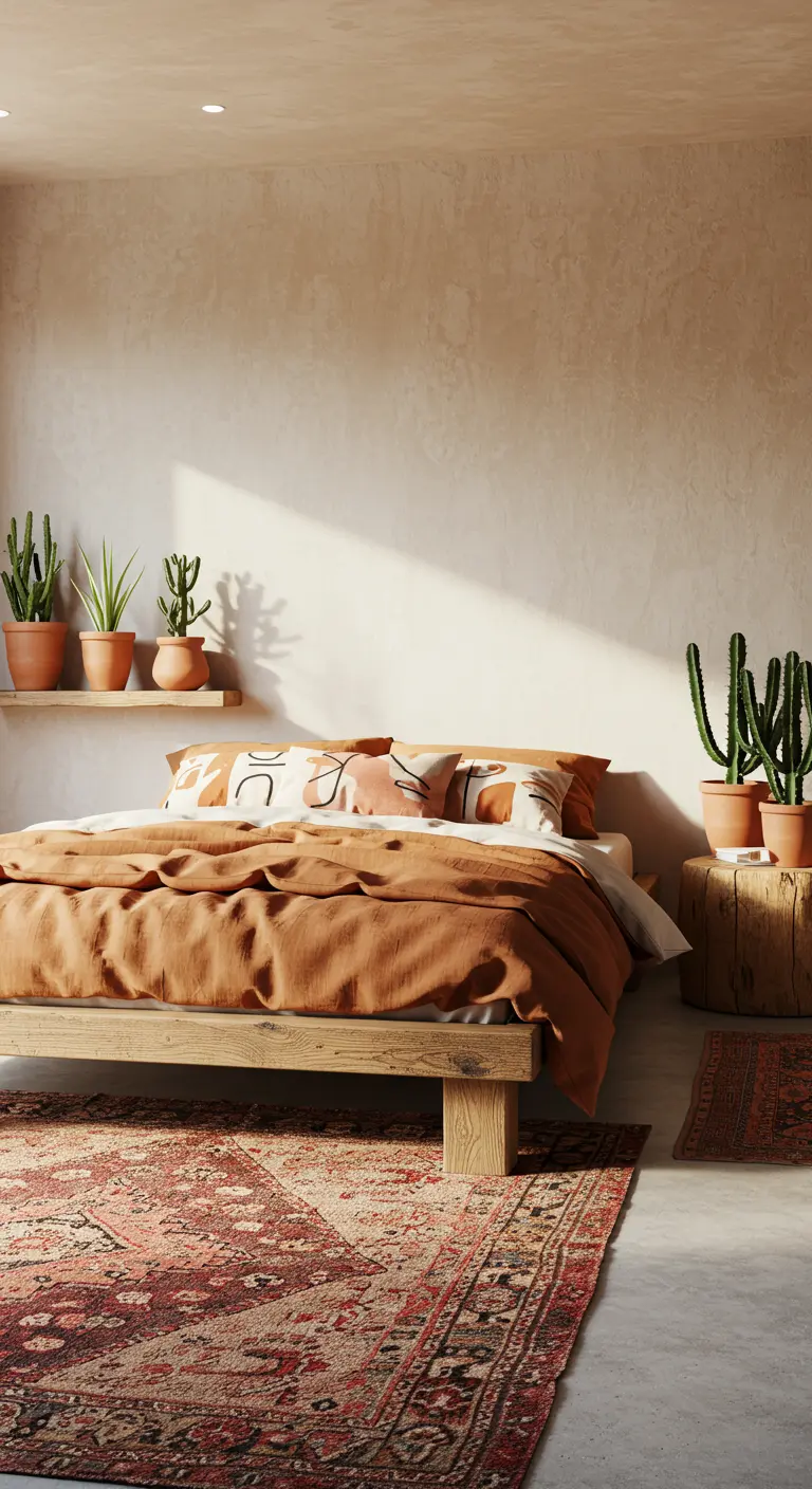 Chambre d'inspiration désertique avec murs texturés ocre, lit bas et collection de cactus.