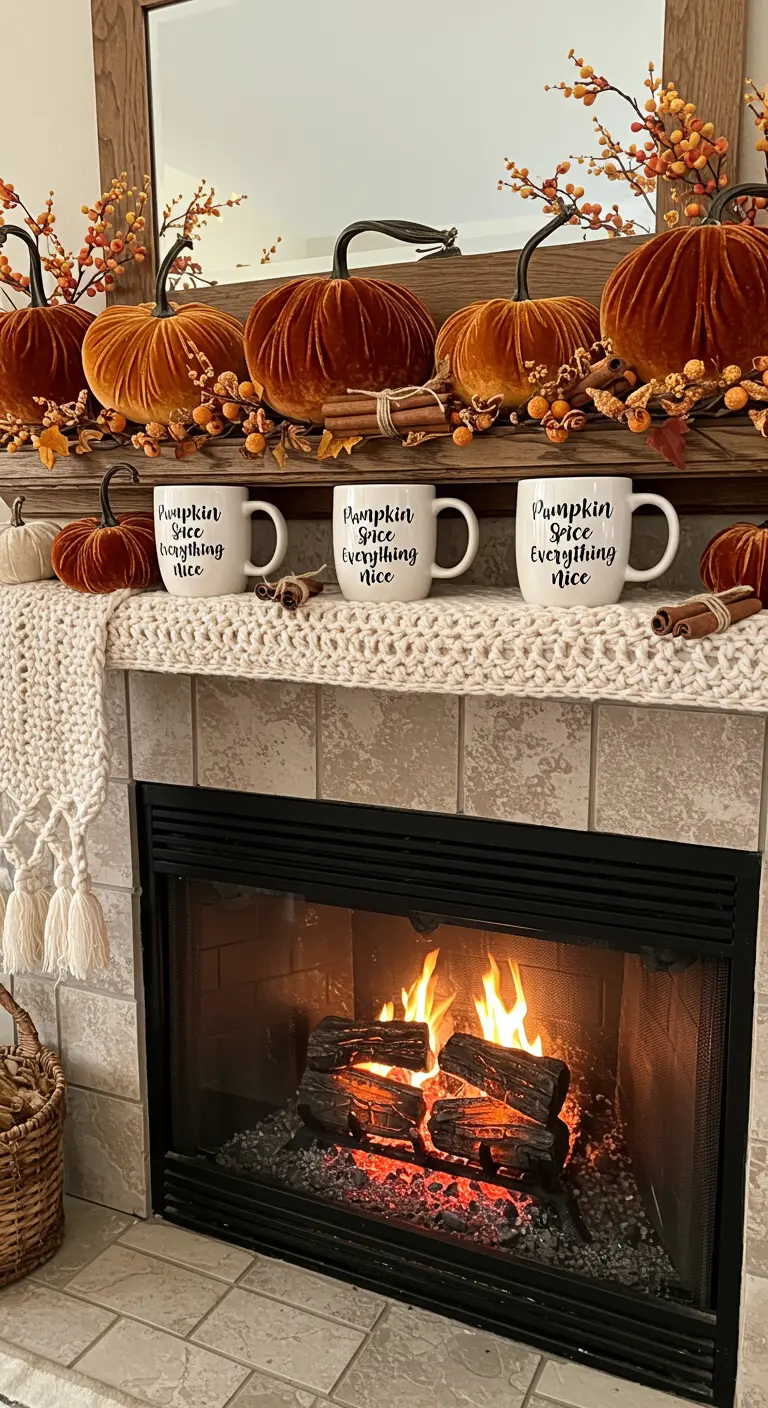 Décoration d'automne sur le thème du 'pumpkin spice' avec des citrouilles en velours et des tasses.