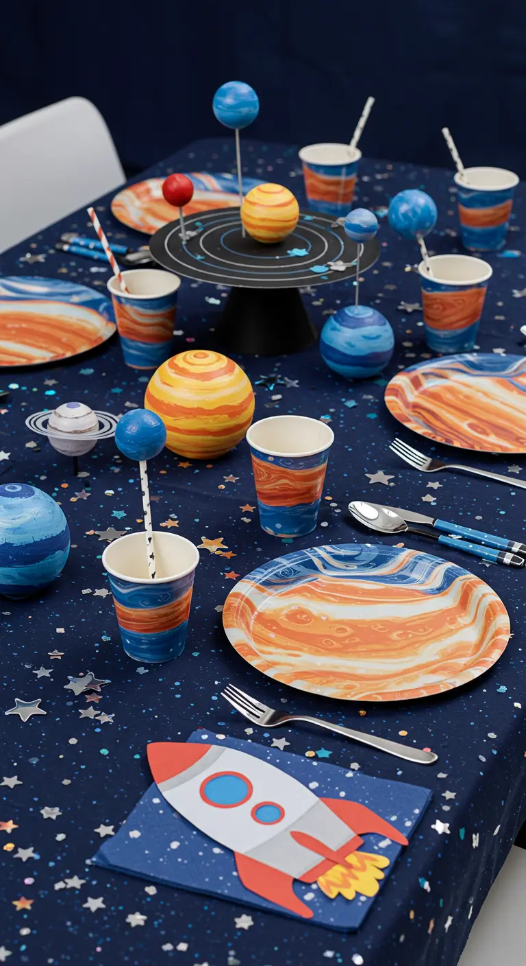Table de fête sur le thème de l'espace avec des planètes et des fusées.