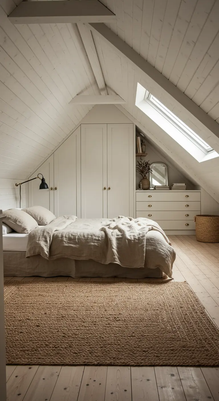 Chambre mansardée lumineuse avec des murs blancs, du linge de lit en lin et un tapis en jute.