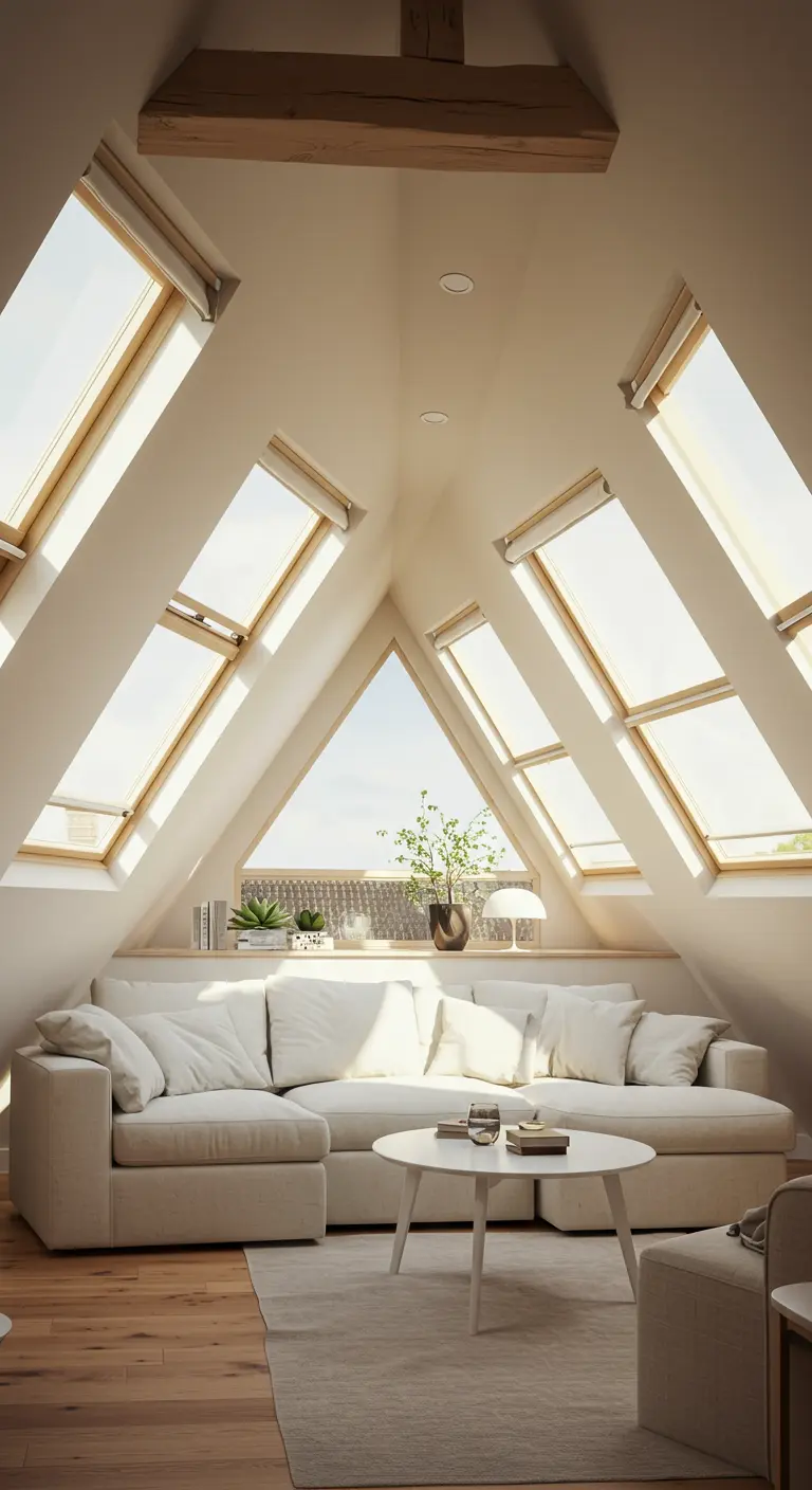 Salon mansardé lumineux avec canapé d'angle blanc et nombreuses fenêtres de toit