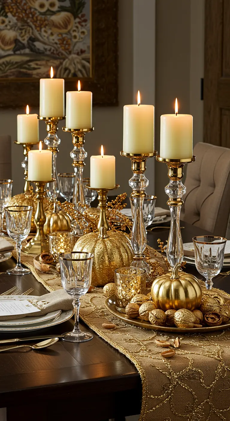 Décor de table glamour avec des citrouilles dorées et des chandeliers en or.