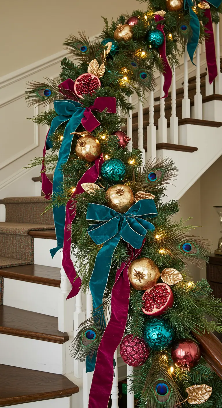 Guirlande de Noël opulente avec des plumes de paon, des rubans sarcelle et magenta.