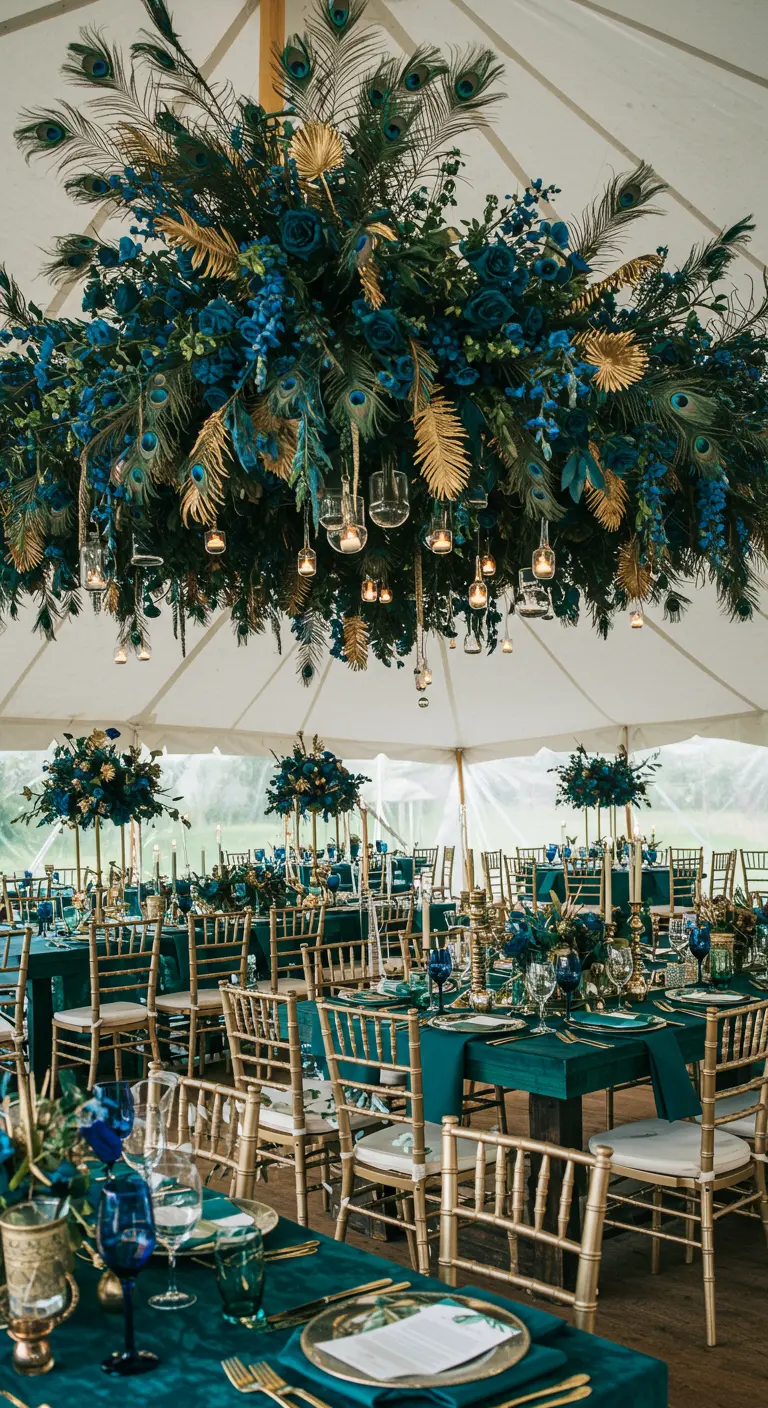 Plafond de réception de mariage décoré d'une immense composition florale bleue et or.