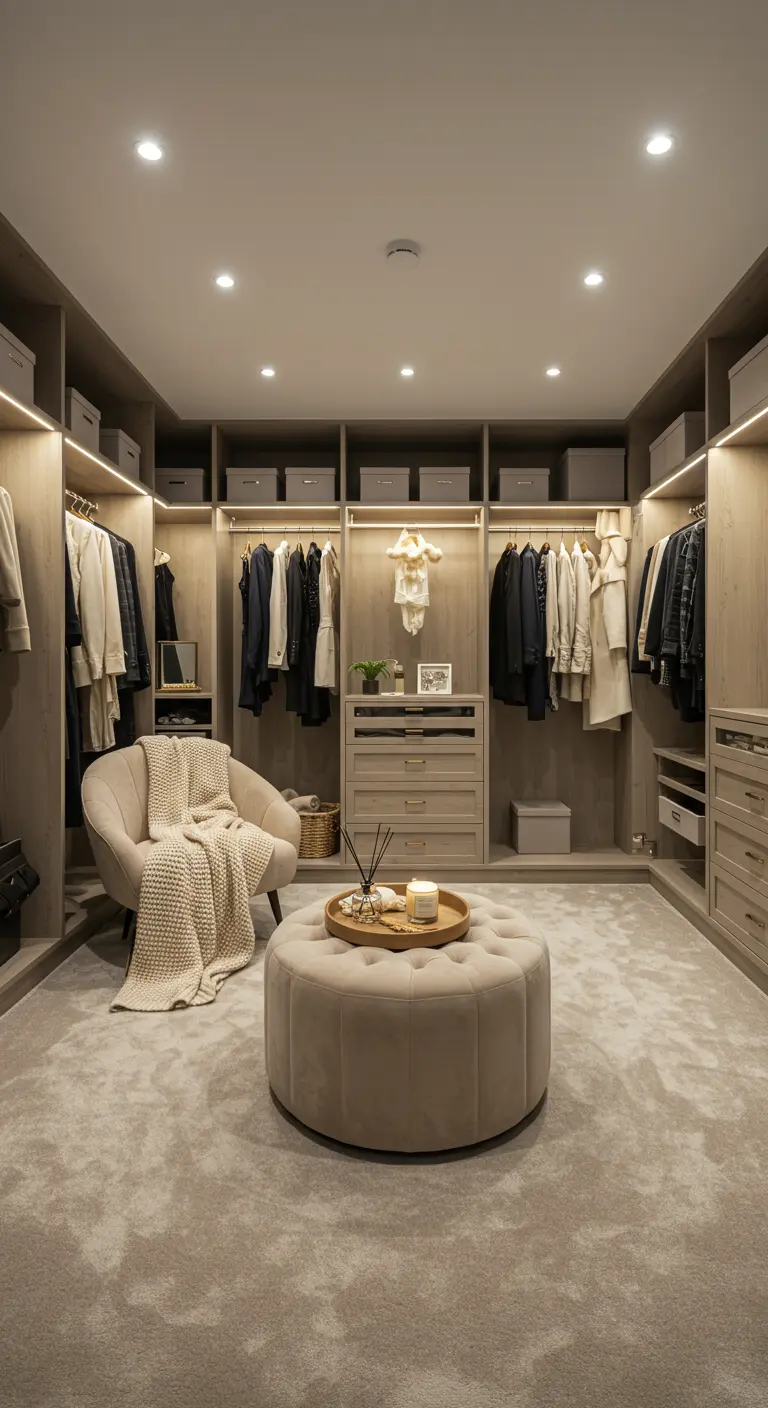 Dressing organisé avec un éclairage intégré, un pouf central et un tapis beige moelleux.