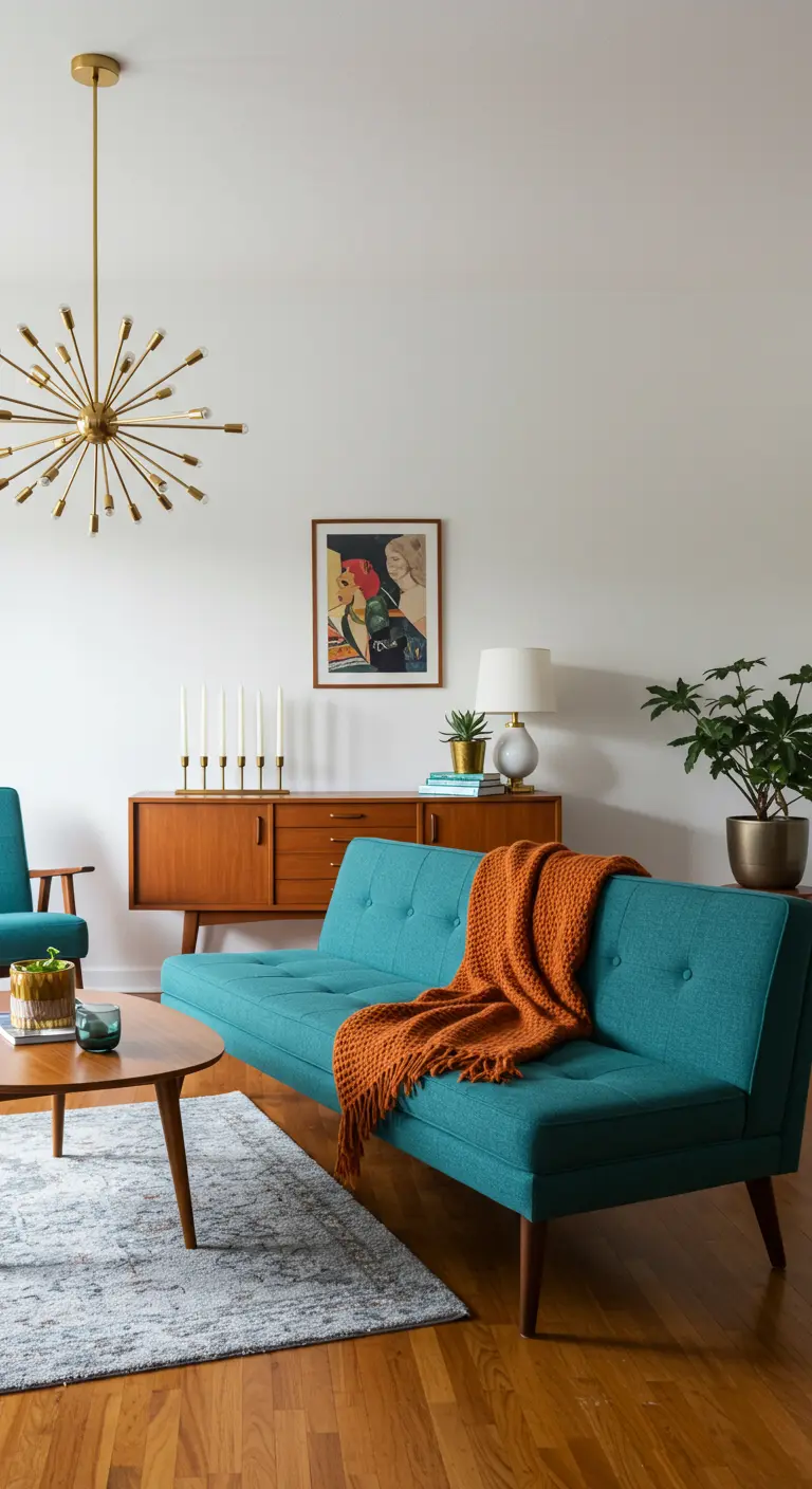 Salon mid-century avec canapé turquoise, plaid orange et enfilade en bois.