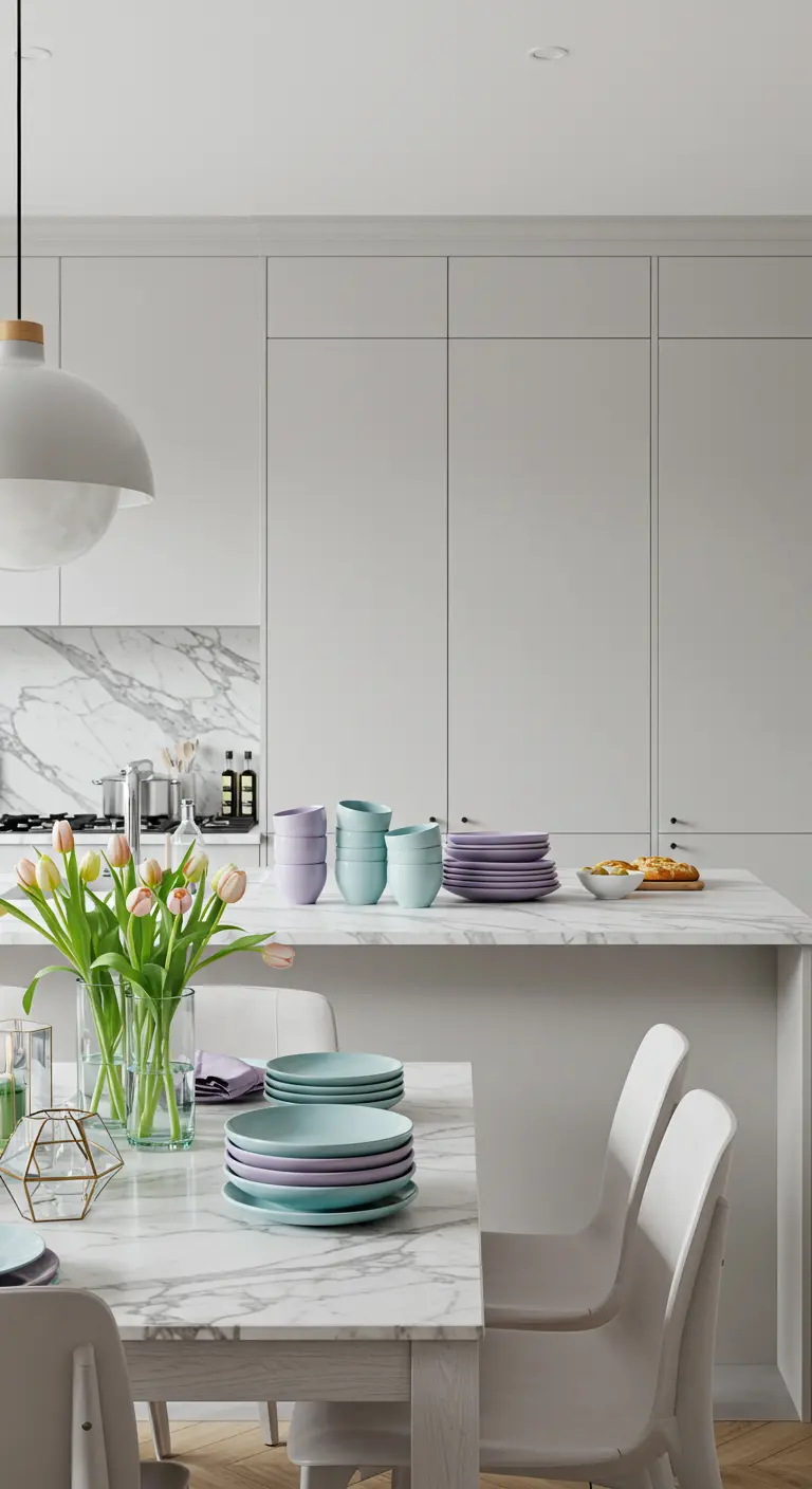 Vaisselle pastel empilée sur une table en marbre blanc dans une cuisine moderne et lumineuse.