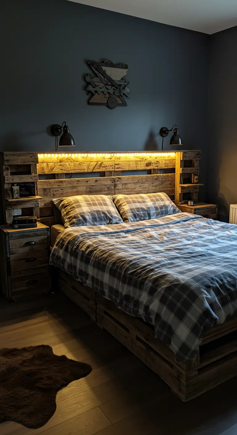 Une tête de lit en palettes de bois est rétro-éclairée par une bande de lumière LED chaude.