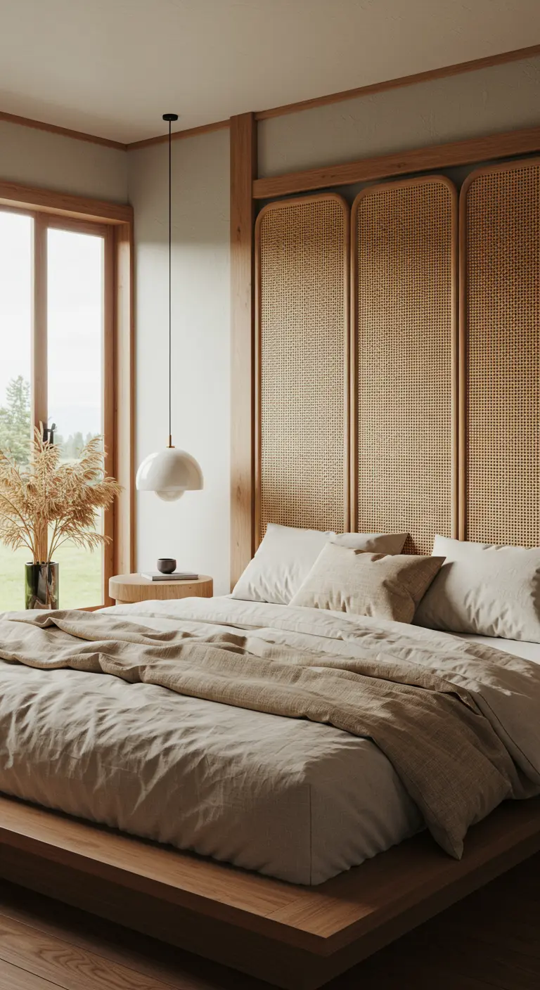 Tête de lit composée de plusieurs panneaux verticaux avec du cannage naturel et un cadre en bois.