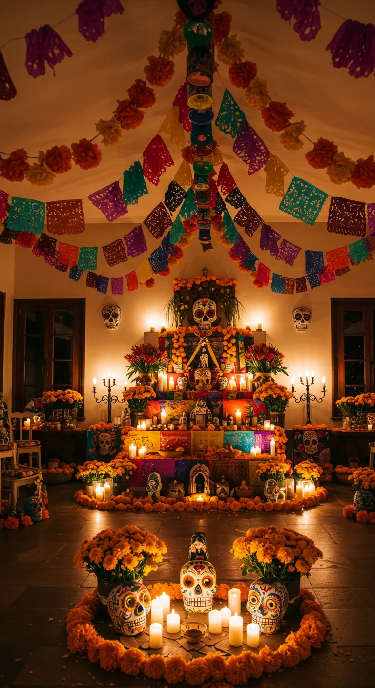 Guirlandes colorées de papel picado suspendues au-dessus d'un autel de la Fête des Morts.