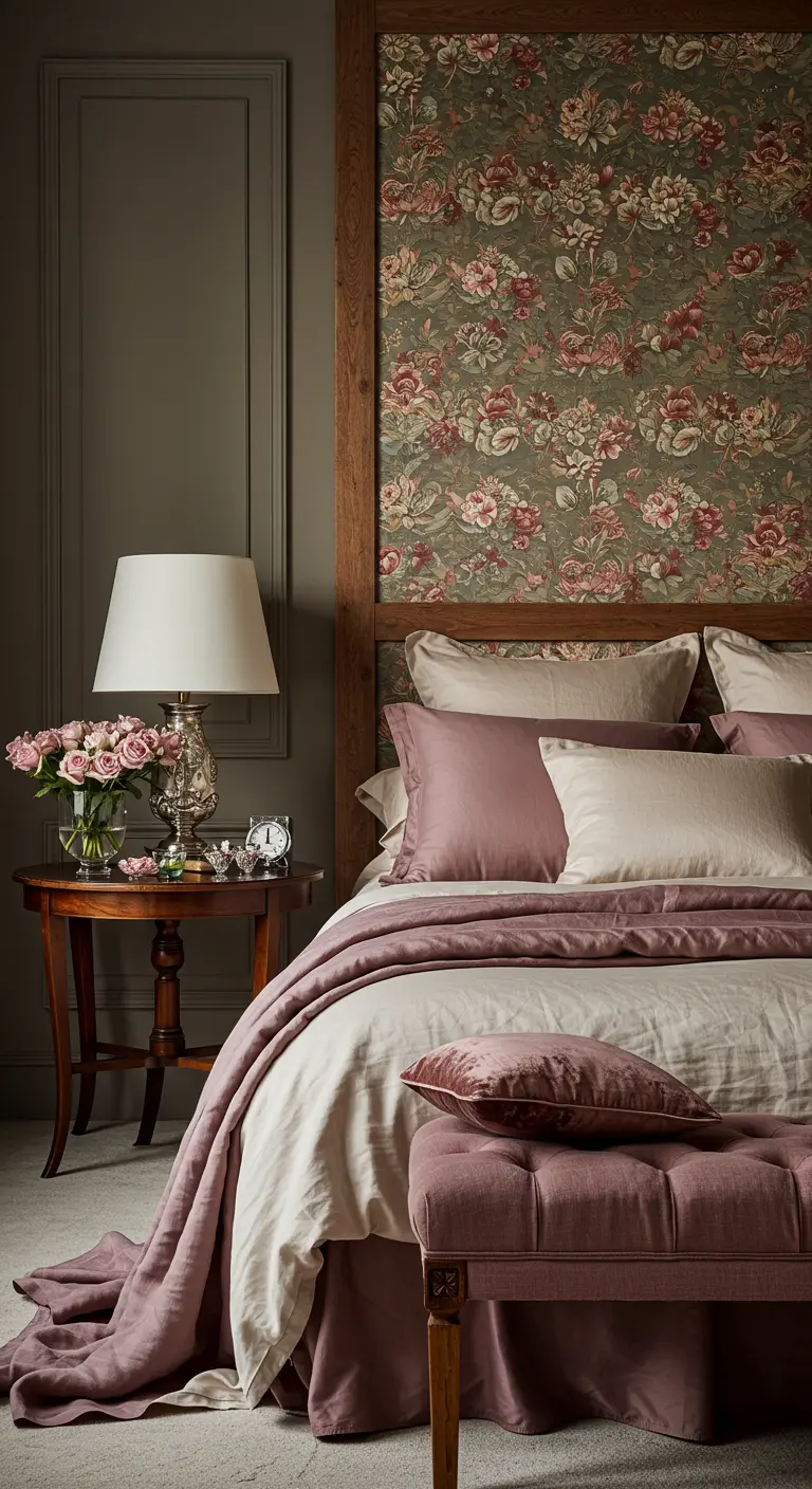 Un panneau de papier peint floral est encadré de bois pour créer une tête de lit élégante.