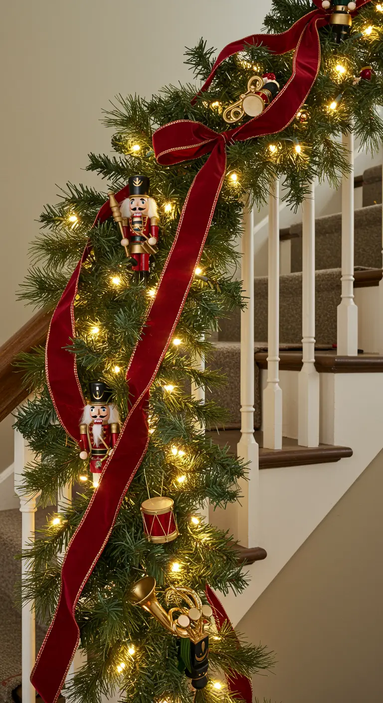 Guirlande de Noël illuminée, décorée avec des figurines de casse-noisettes et un ruban rouge.