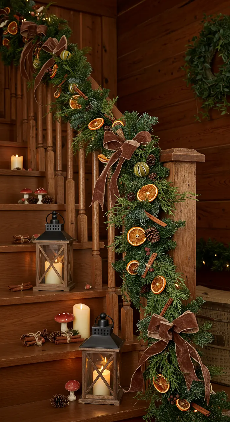 Escalier en bois avec guirlande décorée d'oranges séchées, cannelle et lanternes.