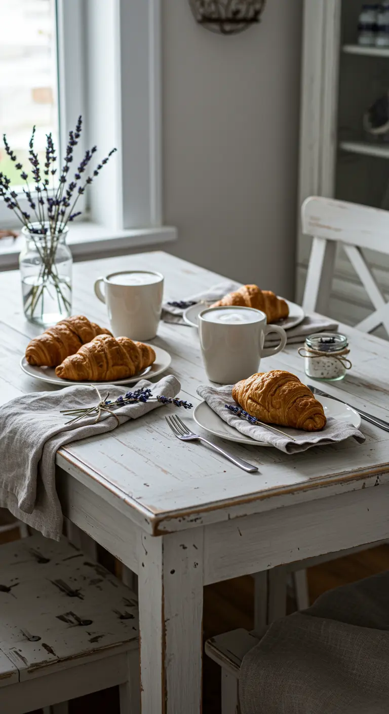 Table de campagne blanche avec des croissants et un bouquet de lavande.