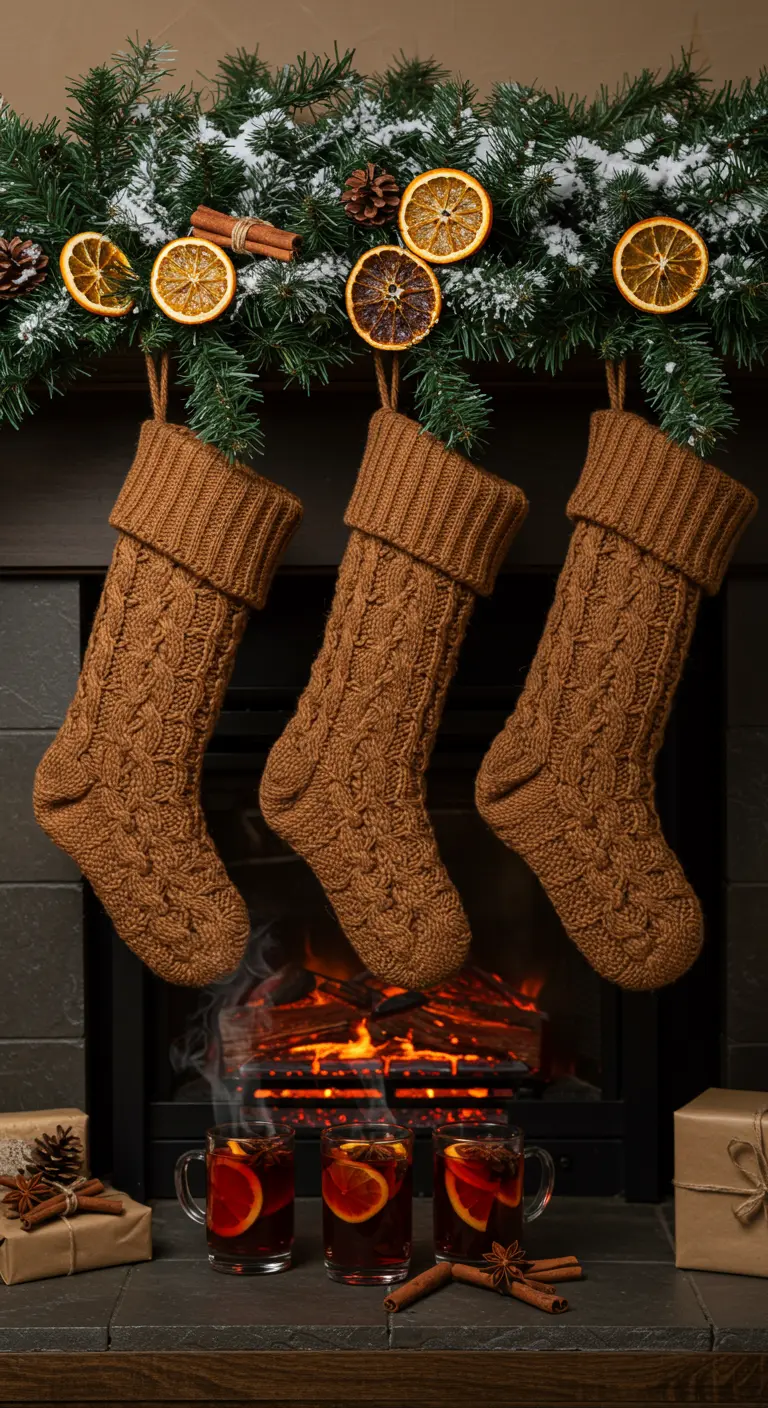 Chaussettes couleur caramel suspendues devant un feu, avec des oranges séchées.