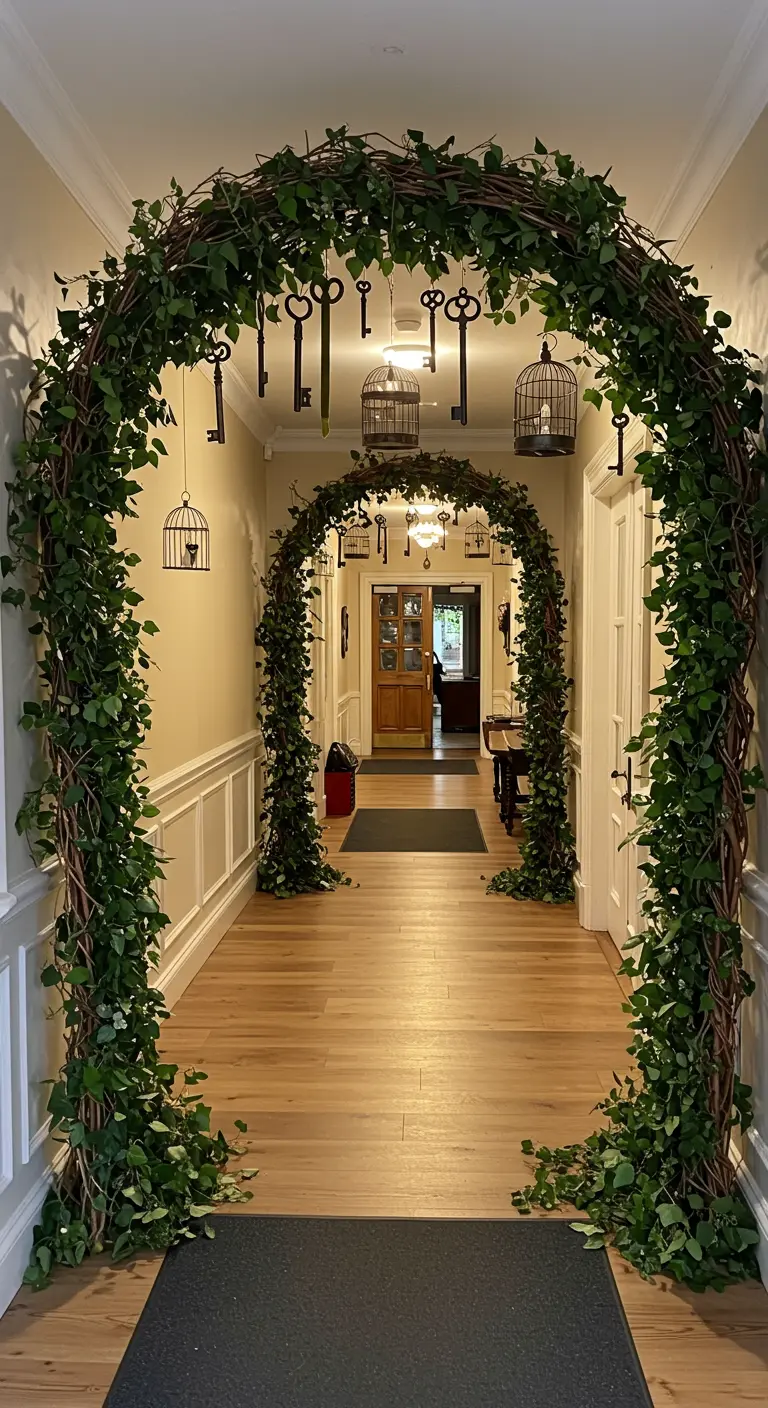 Arche de lierre et de branches dans un couloir, avec de vieilles clés et cages à oiseaux suspendues.