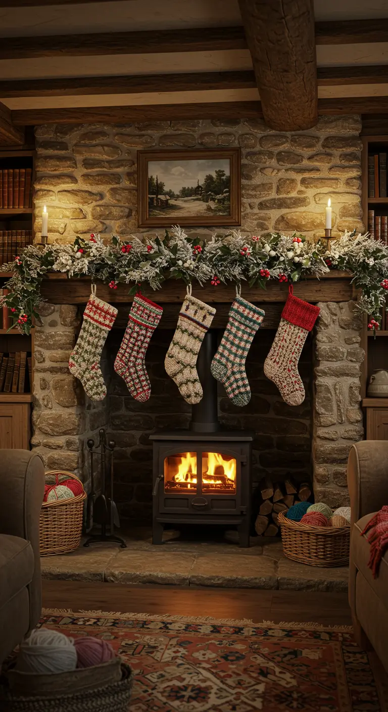 Cheminée en pierre avec une collection de chaussettes tricotées aux motifs variés.