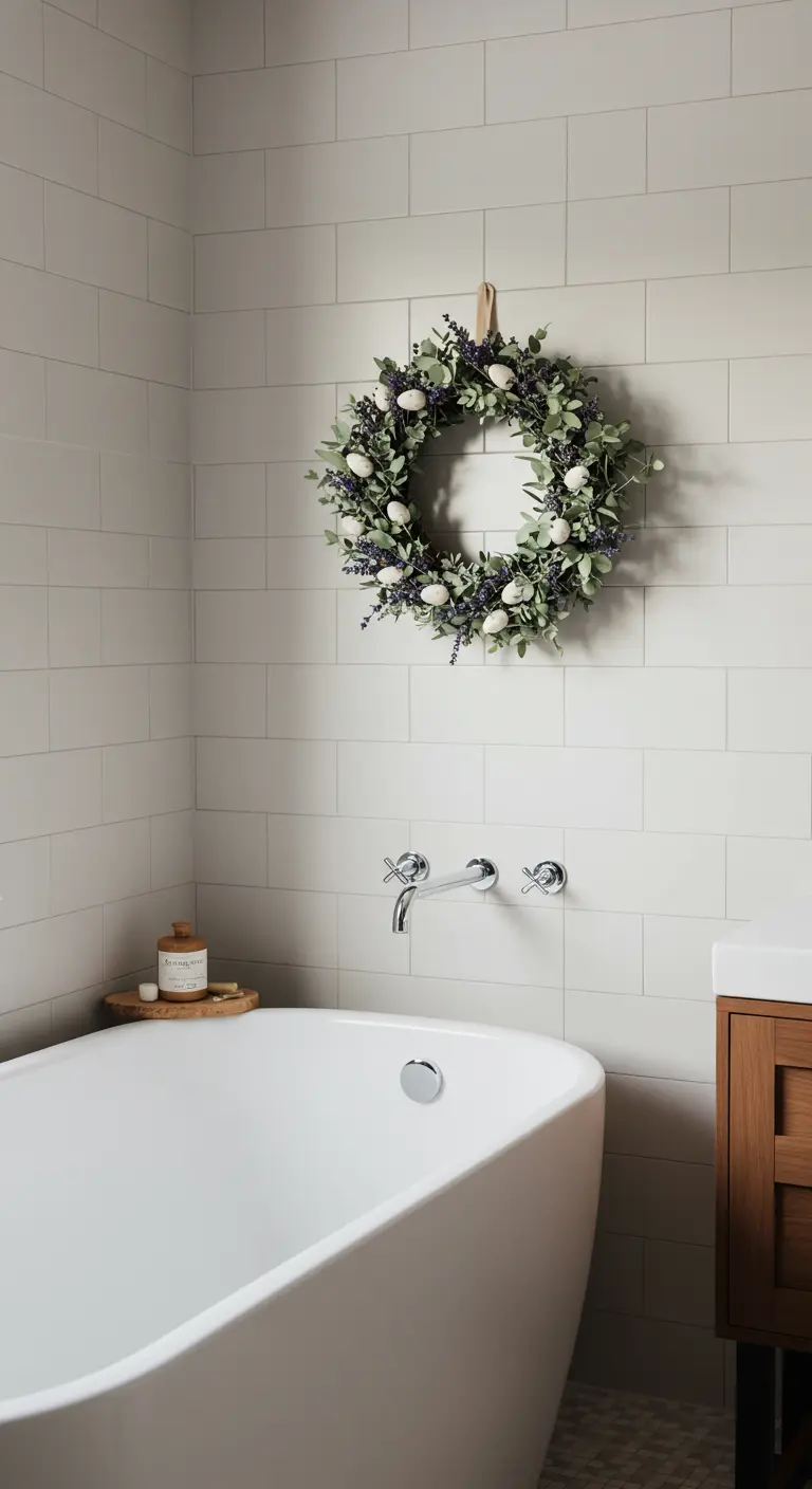 Couronne d'eucalyptus et d'œufs blancs suspendue au-dessus d'une baignoire.