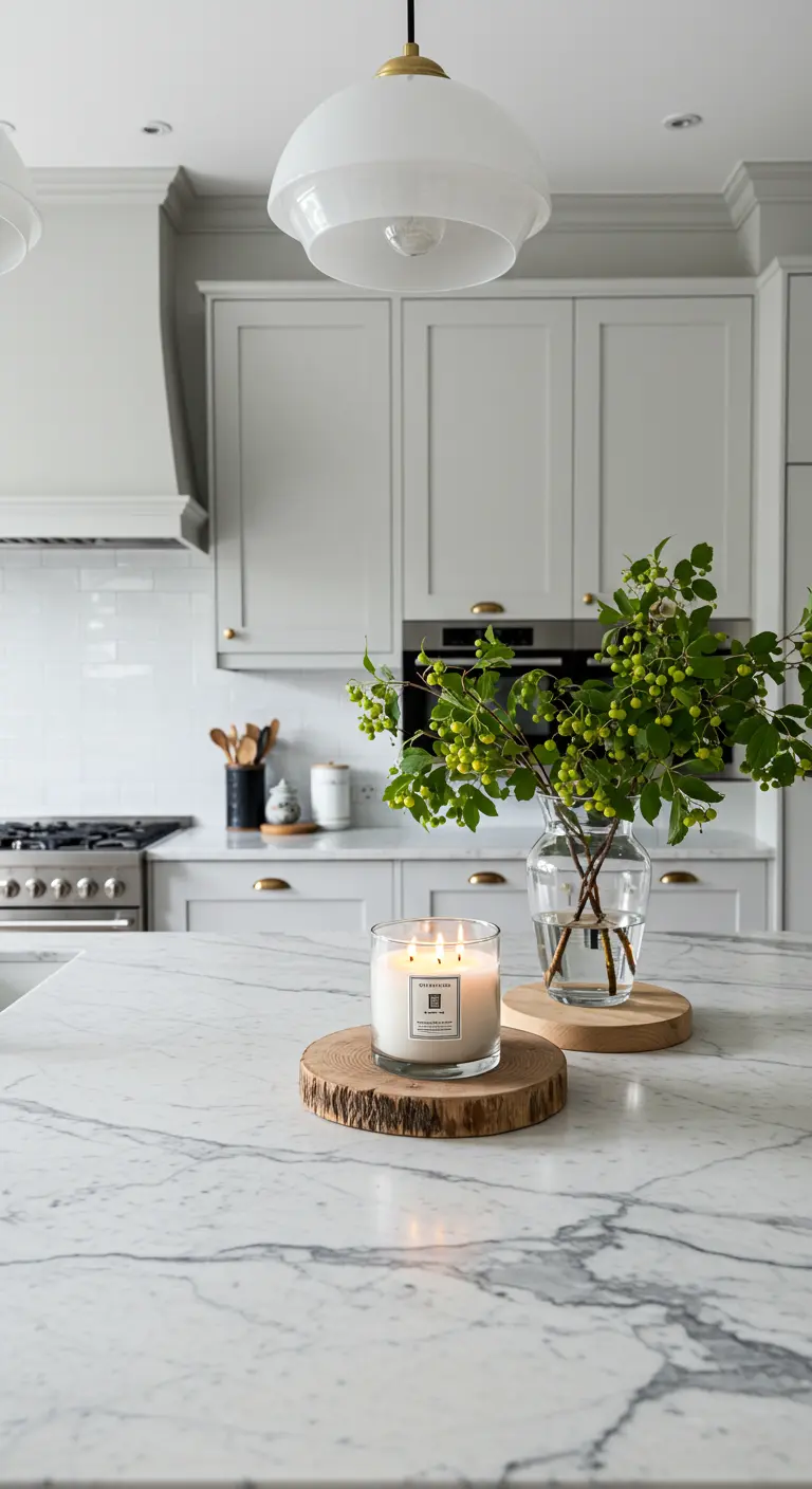 Décoration minimaliste sur un plan de travail en marbre avec rondelle de bois et bougie.