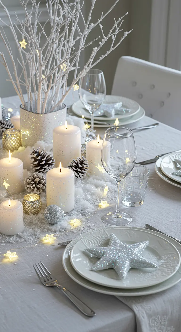 Table blanche et argentée avec de la neige artificielle, des bougies et des étoiles.