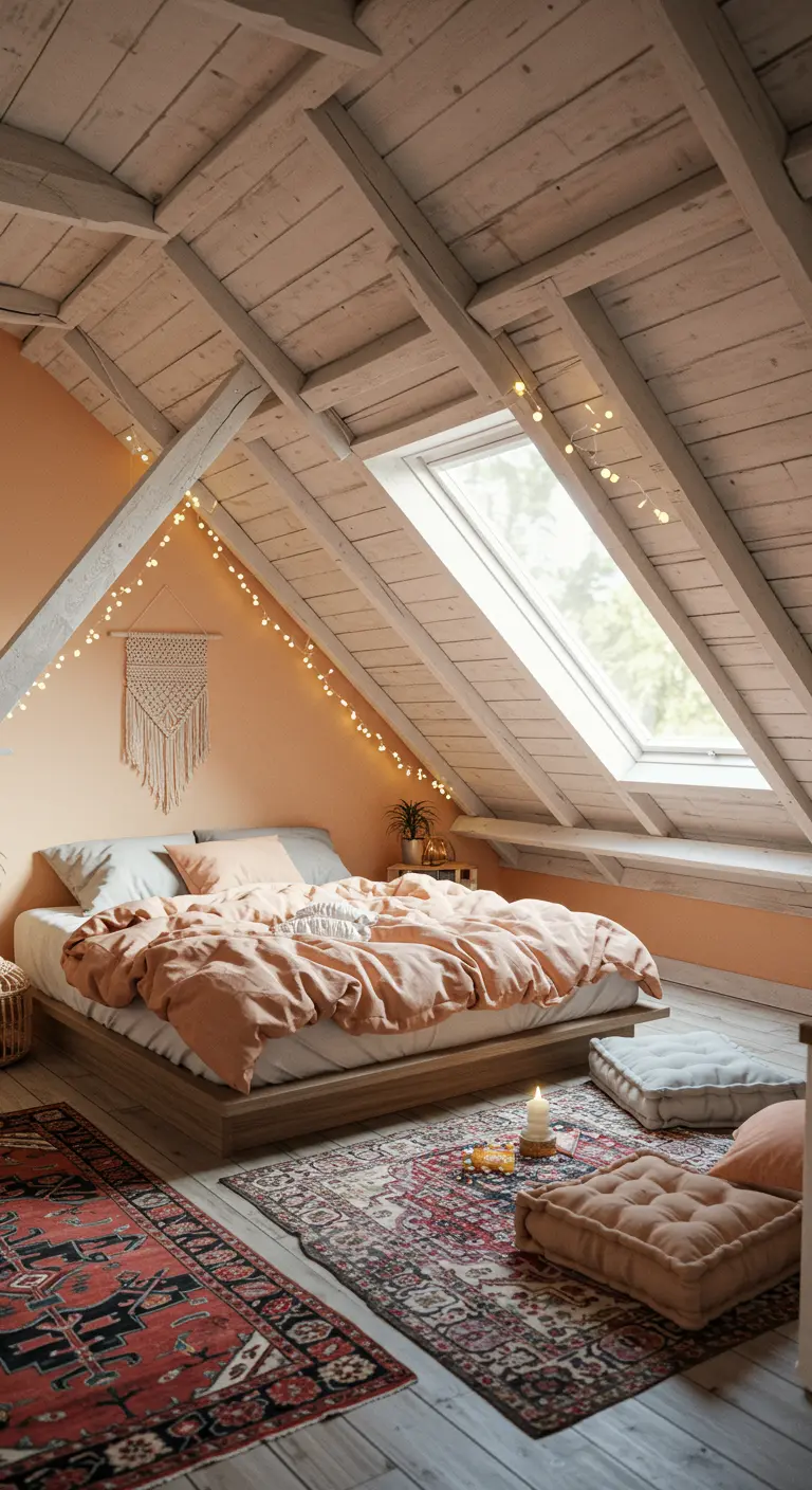 Chambre mansardée avec murs pêche, lit bas, tapis kilim et guirlandes lumineuses.