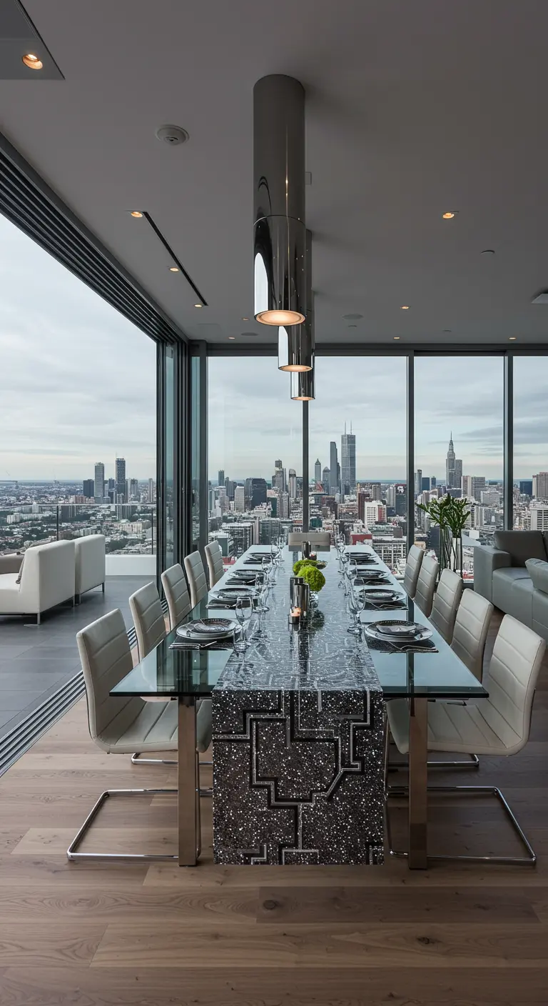 Salle à manger de luxe dans un penthouse avec une longue table en verre et des suspensions chromées