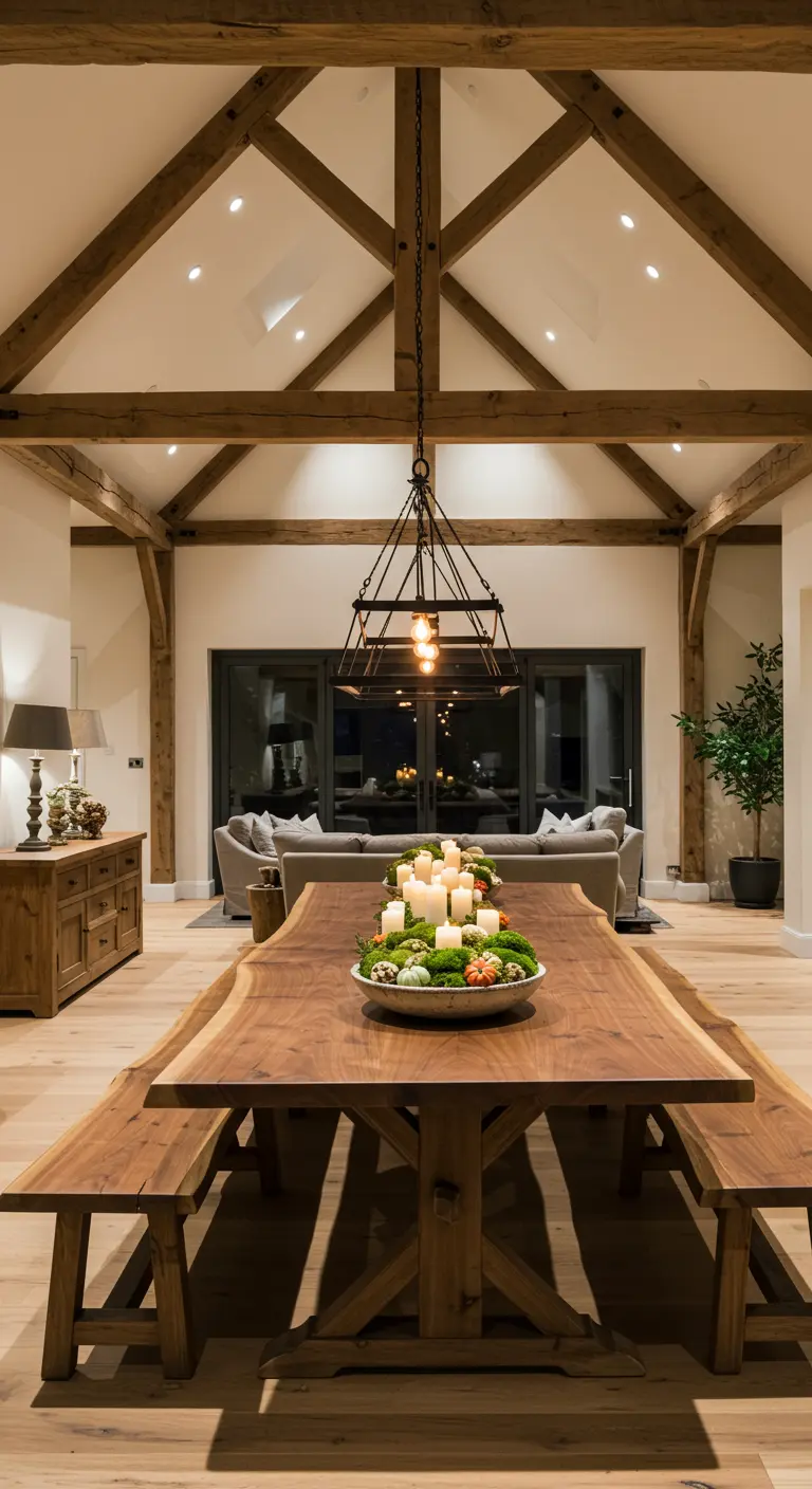 Longue table en bois avec bancs dans un grand espace ouvert, centre de table avec bougies et courges.