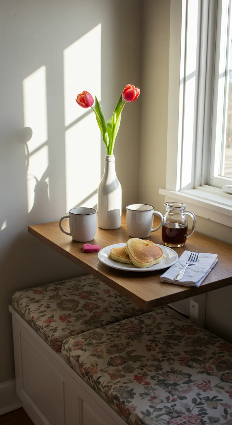Un petit coin petit-déjeuner près d'une fenêtre avec une tablette murale et des tulipes.