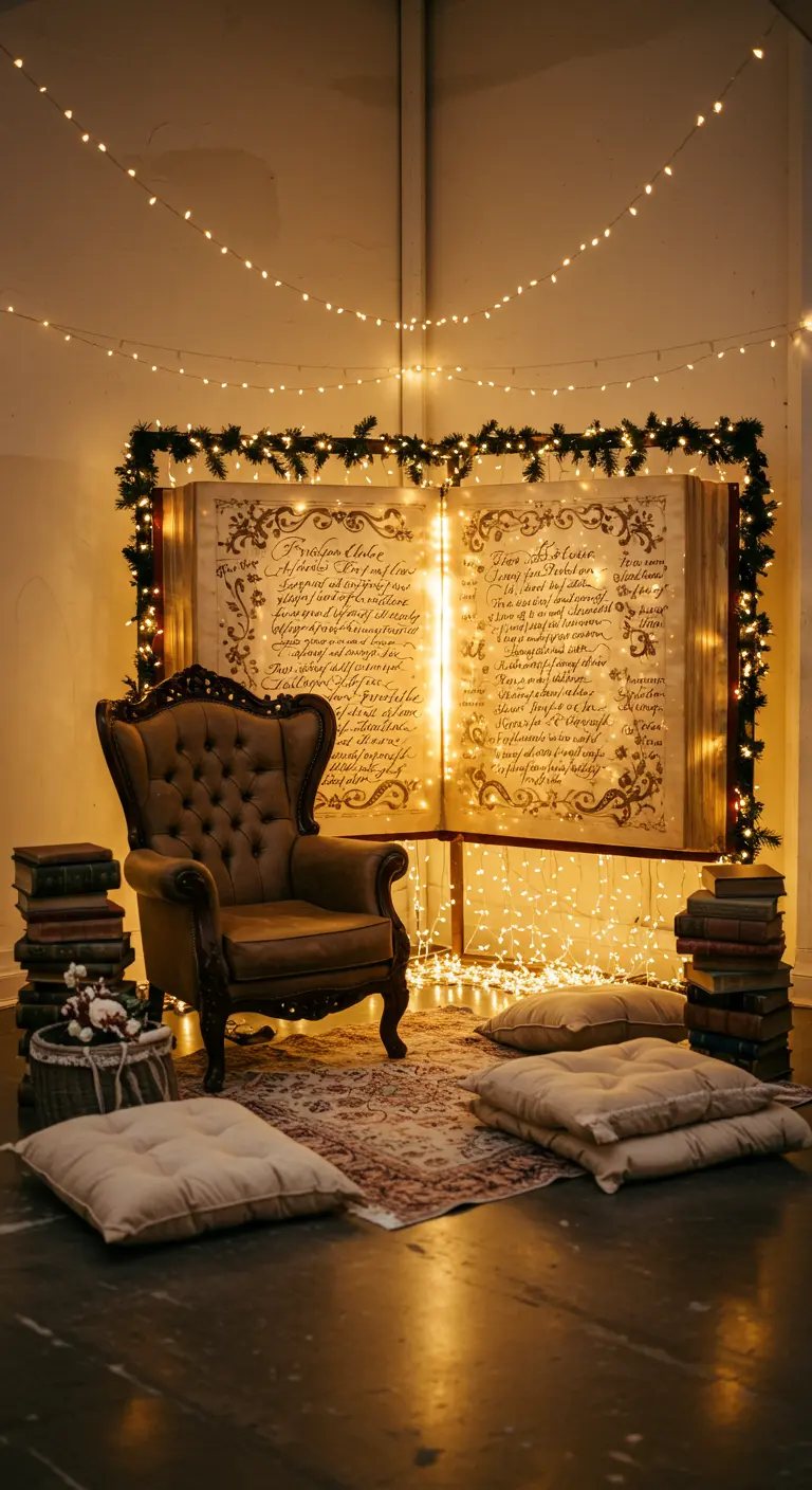 Coin photo avec un livre de contes géant, un fauteuil et des guirlandes lumineuses.