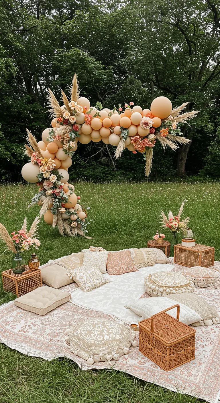 Arche de ballons et fleurs couleur pêche pour un pique-nique bohème dans l'herbe.
