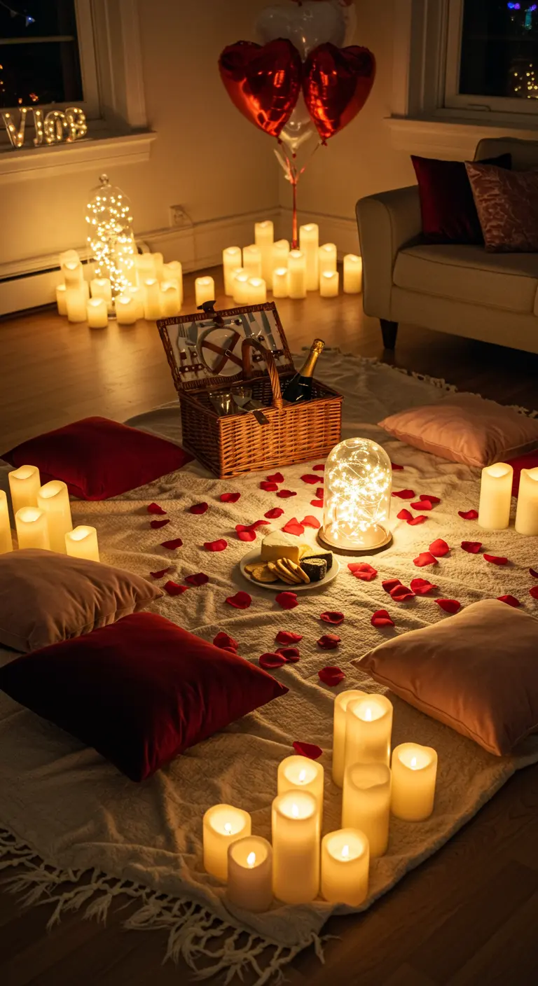 Un pique-nique romantique installé au sol dans un salon éclairé par des bougies LED.