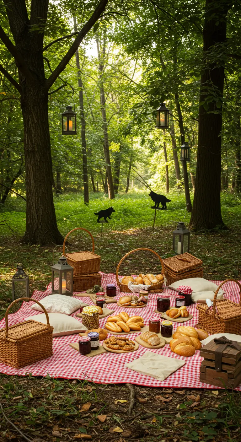 Pique-nique en forêt avec nappe à carreaux rouges et paniers en osier.
