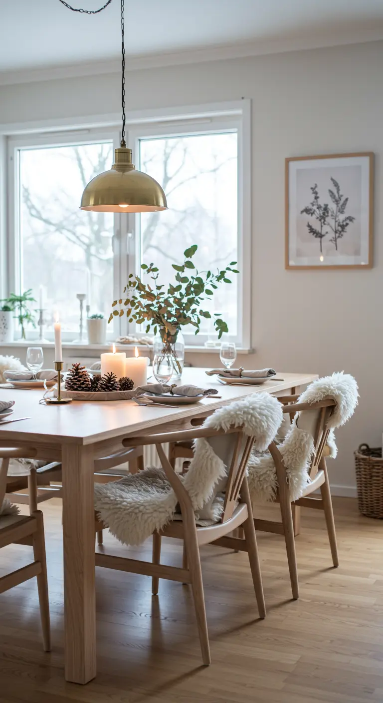 Centre de table scandinave avec bougies, pommes de pin et eucalyptus sur une table en bois clair.