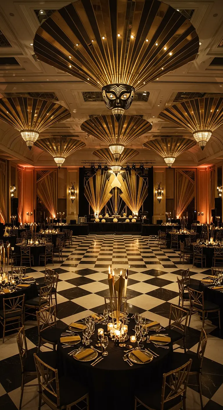Grande salle de bal Art Déco avec un sol en damier et des lustres dorés en éventail.