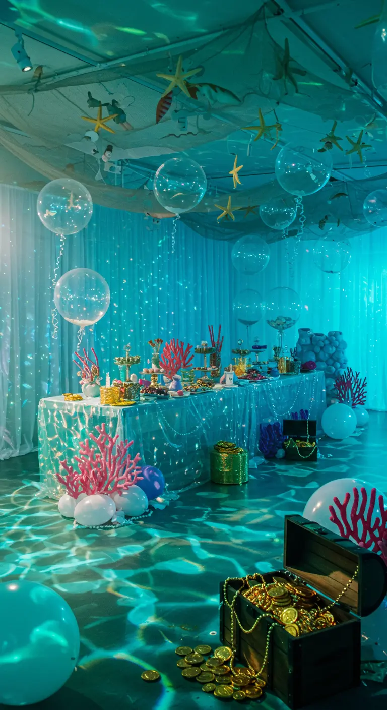 Buffet sous-marin avec ballons-bulles, coraux et coffre au trésor.