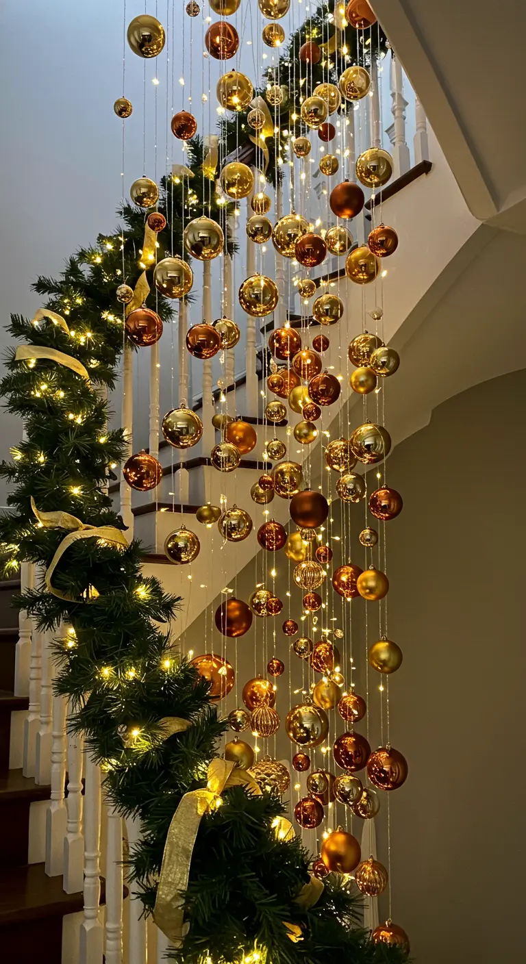 Installation spectaculaire de boules de Noël dorées et cuivrées suspendues en cascade.
